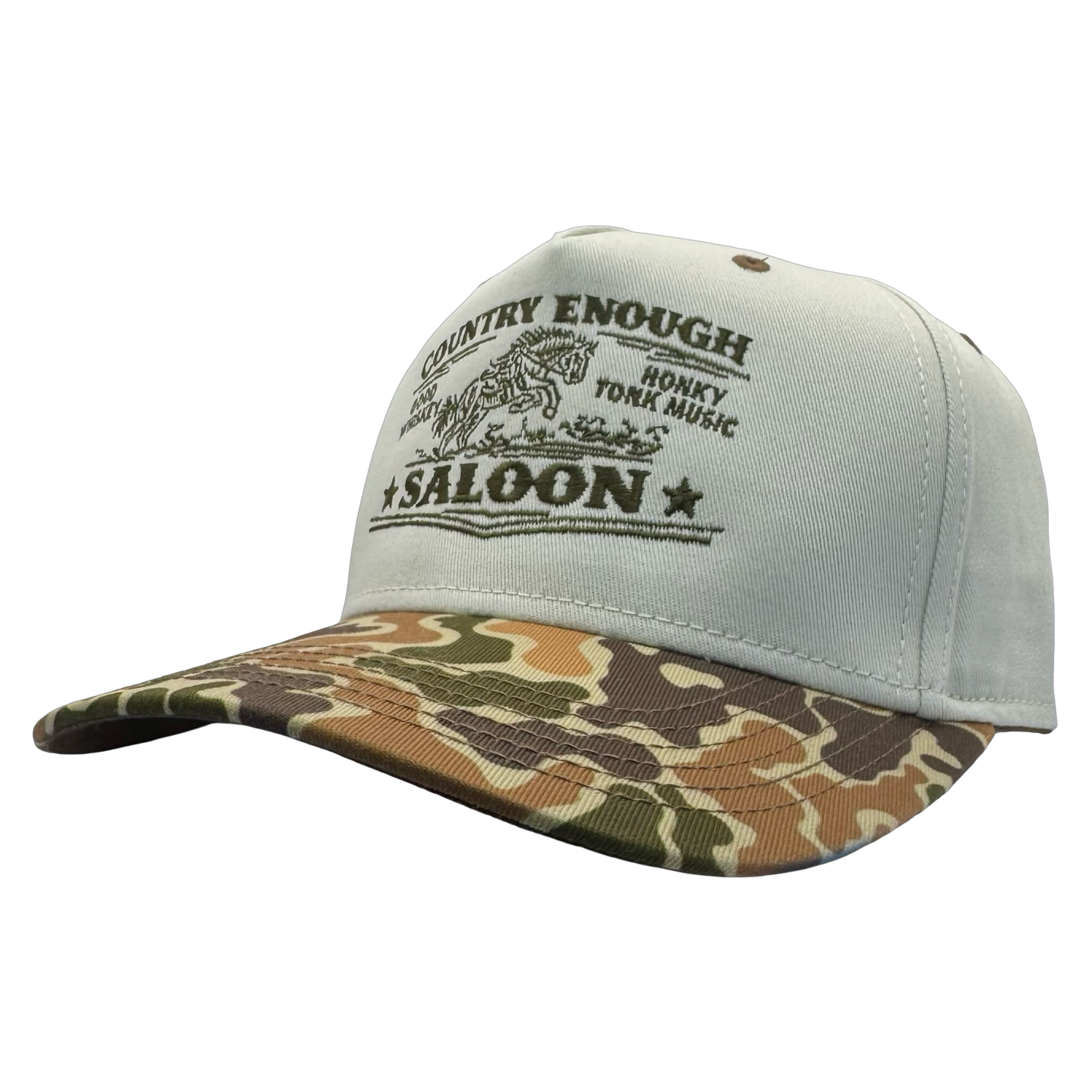 legacy heritage snapback hat with graphic of bucking horse and words country enough saloon, good whiskey, and honkey tonk music #duckcamo