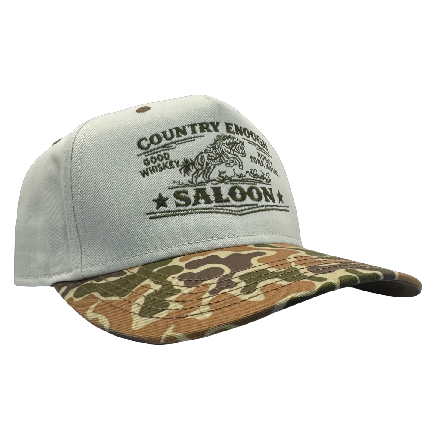 legacy heritage snapback hat with graphic of bucking horse and words country enough saloon, good whiskey, and honkey tonk music #duckcamo