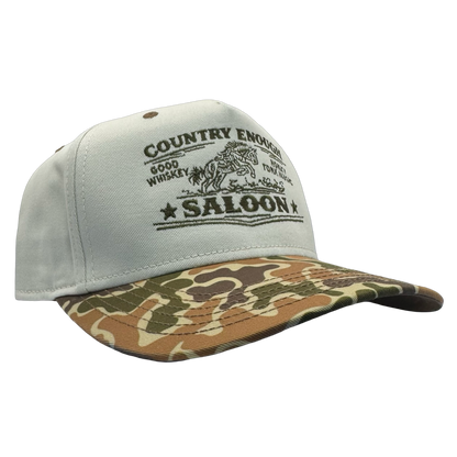 legacy heritage snapback hat with graphic of bucking horse and words country enough saloon, good whiskey, and honkey tonk music #duckcamo