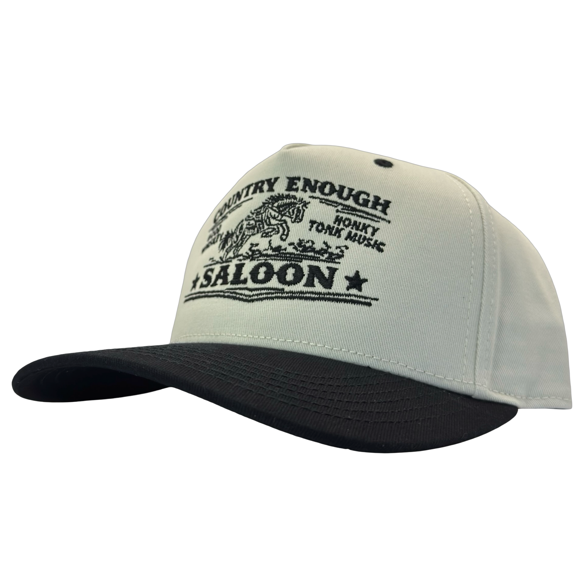 legacy heritage hta snapback hat with graphic of bucking horse and words country enough saloon, good whiskey, and honkey tonk music #black