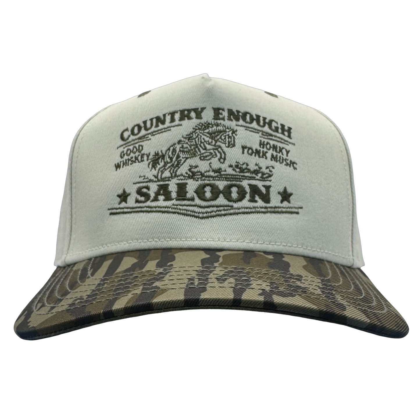 legacy heritage snapback hat with graphic of bucking horse and words country enough saloon, good whiskey, and honkey tonk music #bottomland