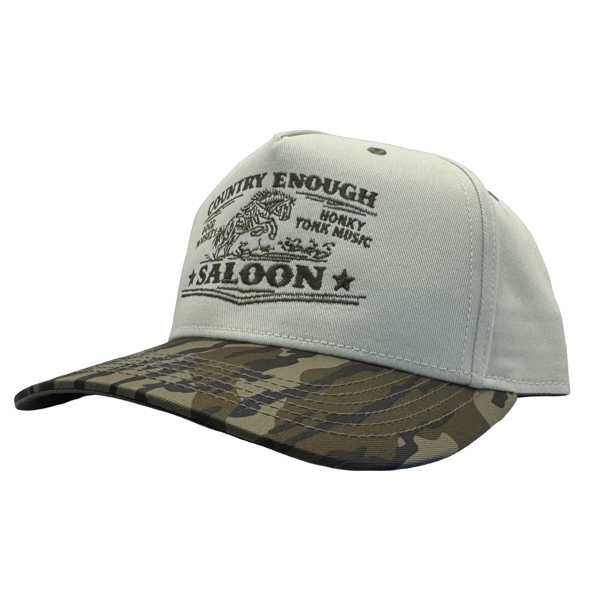 legacy heritage snapback hat with graphic of bucking horse and words country enough saloon, good whiskey, and honkey tonk music #bottomland