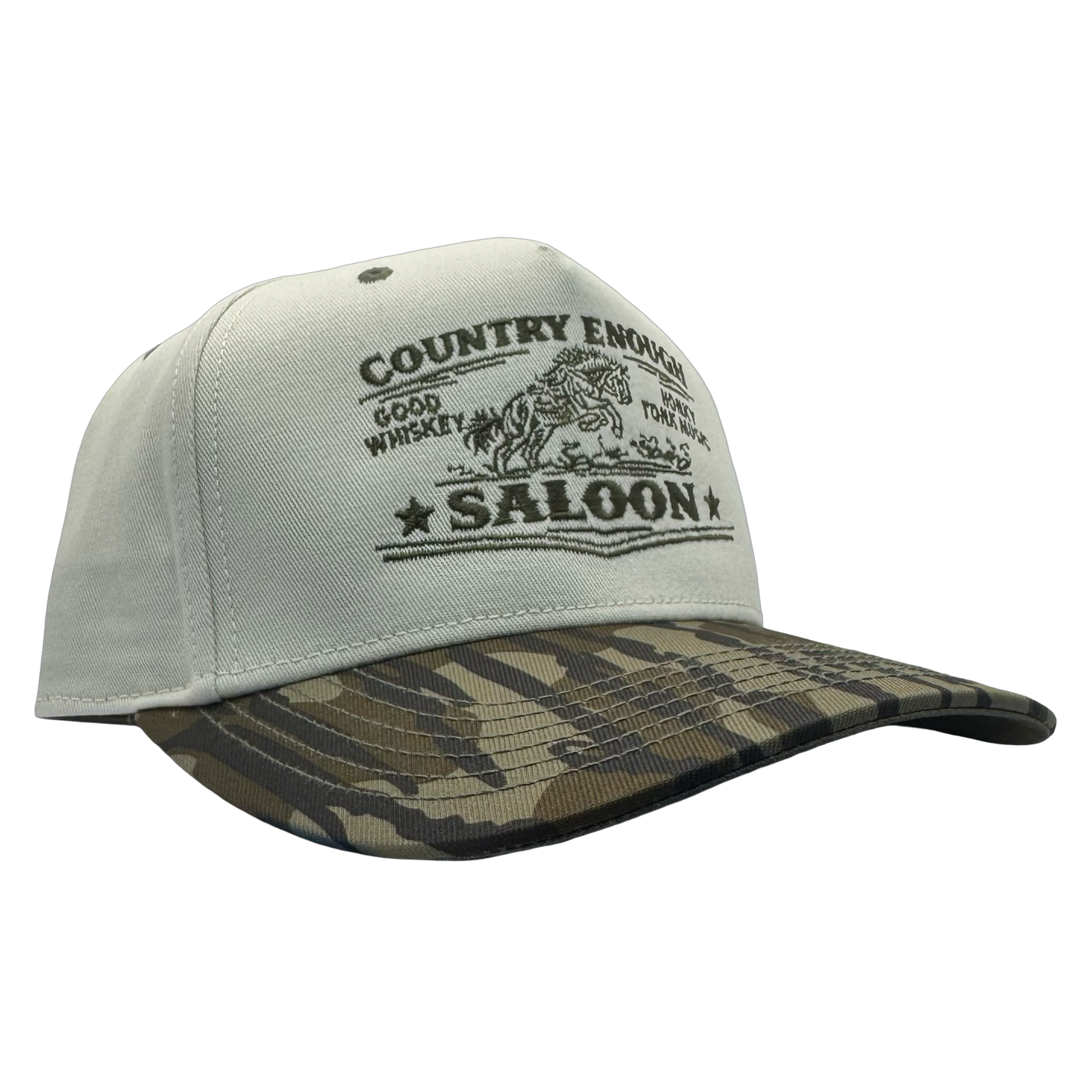 legacy heritage snapback hat with graphic of bucking horse and words country enough saloon, good whiskey, and honkey tonk music #bottomland