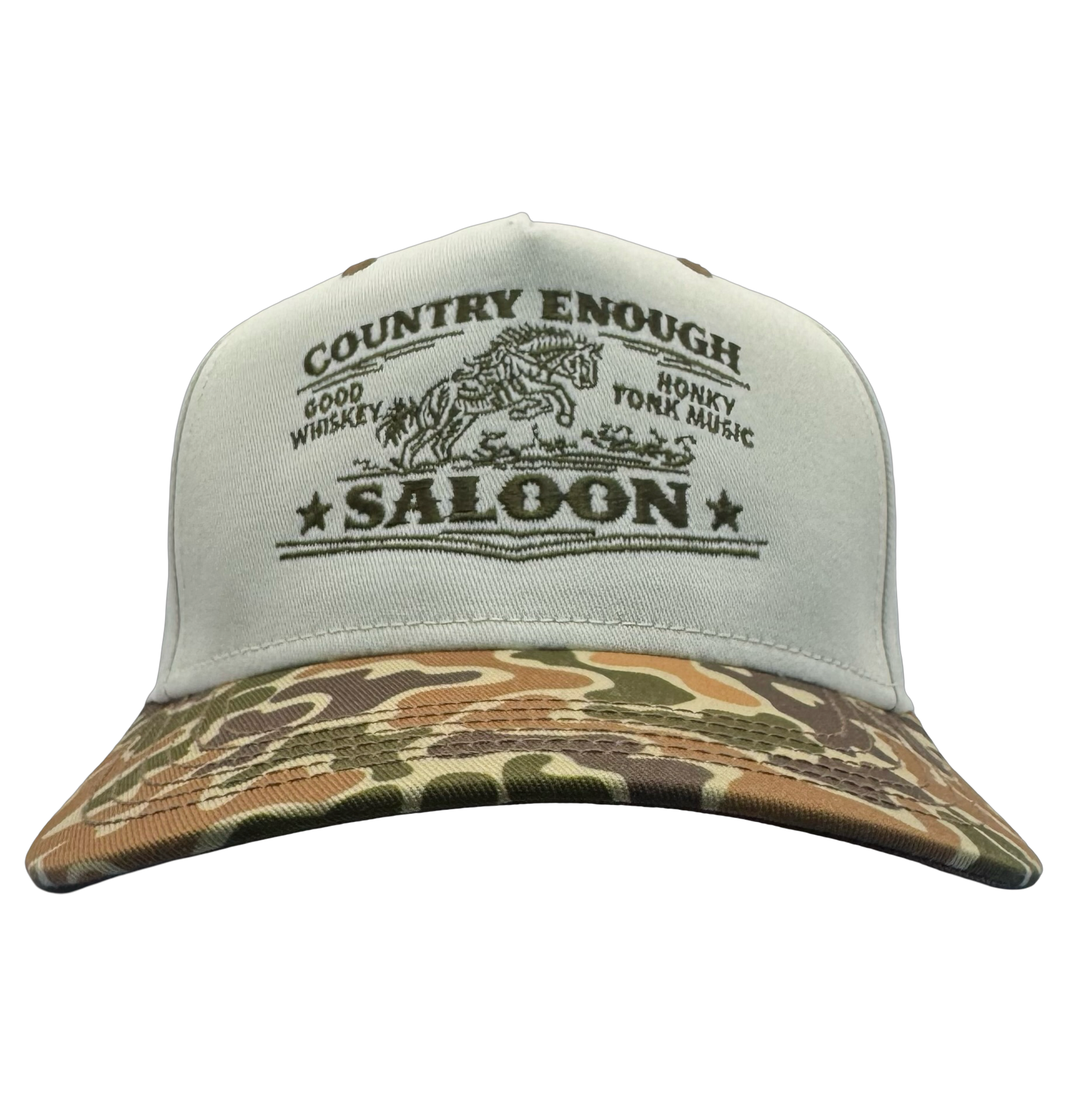 legacy heritage hta snapback hat with graphic of bucking horse and words country enough saloon, good whiskey, and honkey tonk music #duckcamo