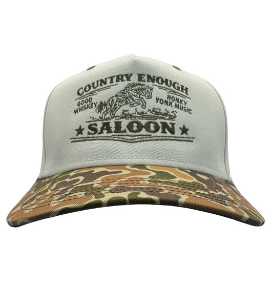 legacy heritage hta snapback hat with graphic of bucking horse and words country enough saloon, good whiskey, and honkey tonk music #duckcamo