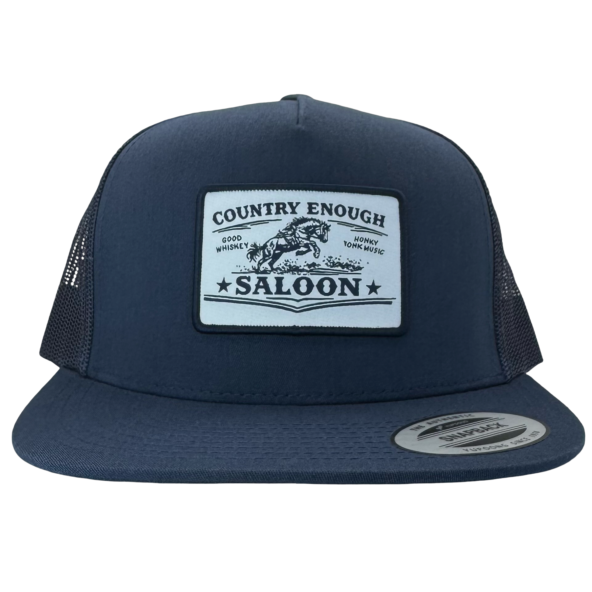 Yupoong 6006 flat bill with patch that contains graphic of a bucking horse and words country enough saloon, good whiskey, and honky tonk music #navy