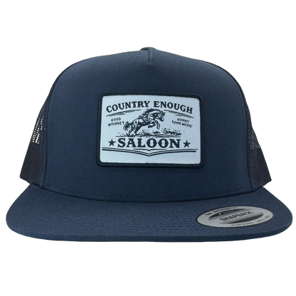Yupoong 6006 flat bill with patch that contains graphic of a bucking horse and words country enough saloon, good whiskey, and honky tonk music #navy
