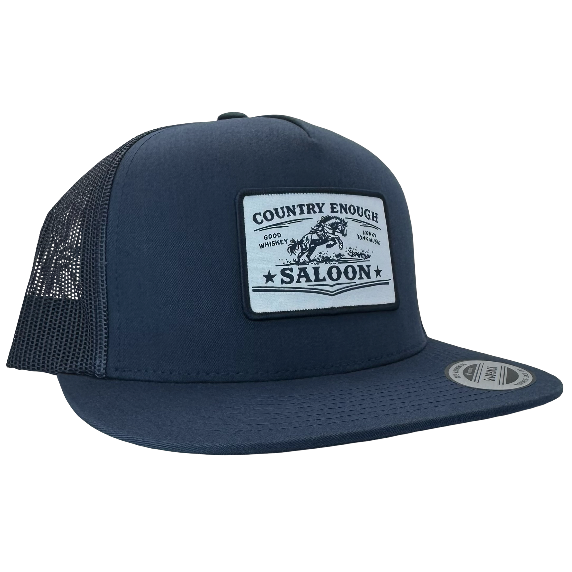 Yupoong 6006 flat bill with patch that contains graphic of a bucking horse and words country enough saloon, good whiskey, and honky tonk music #navy