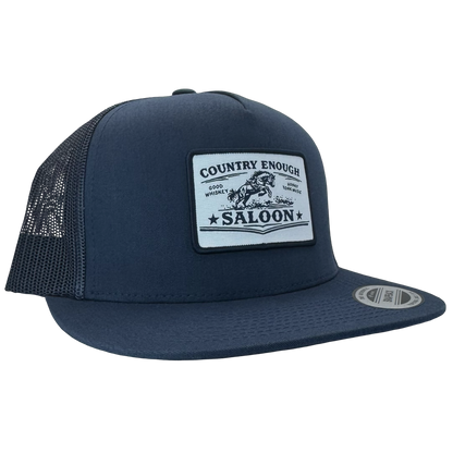Yupoong 6006 flat bill with patch that contains graphic of a bucking horse and words country enough saloon, good whiskey, and honky tonk music #navy