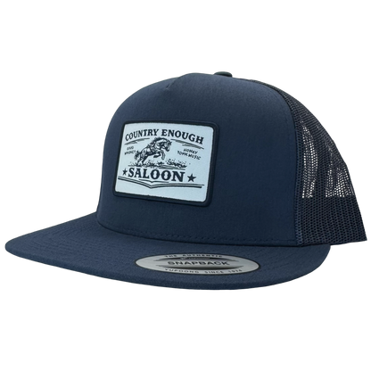 Yupoong 6006 flat bill with patch that contains graphic of a bucking horse and words country enough saloon, good whiskey, and honky tonk music #navy