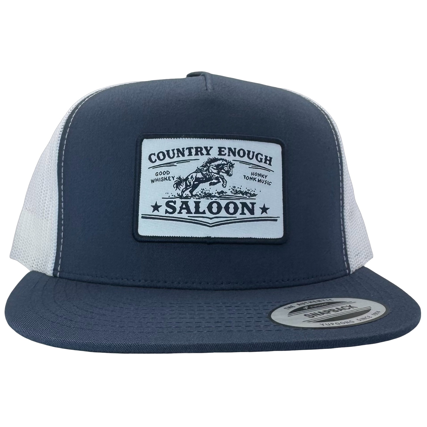 Yupoong 6006 flat bill with patch that contains graphic of a bucking horse and words country enough saloon, good whiskey, and honky tonk music #navy/white