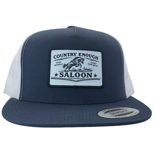 Yupoong 6006 flat bill with patch that contains graphic of a bucking horse and words country enough saloon, good whiskey, and honky tonk music #navy/white