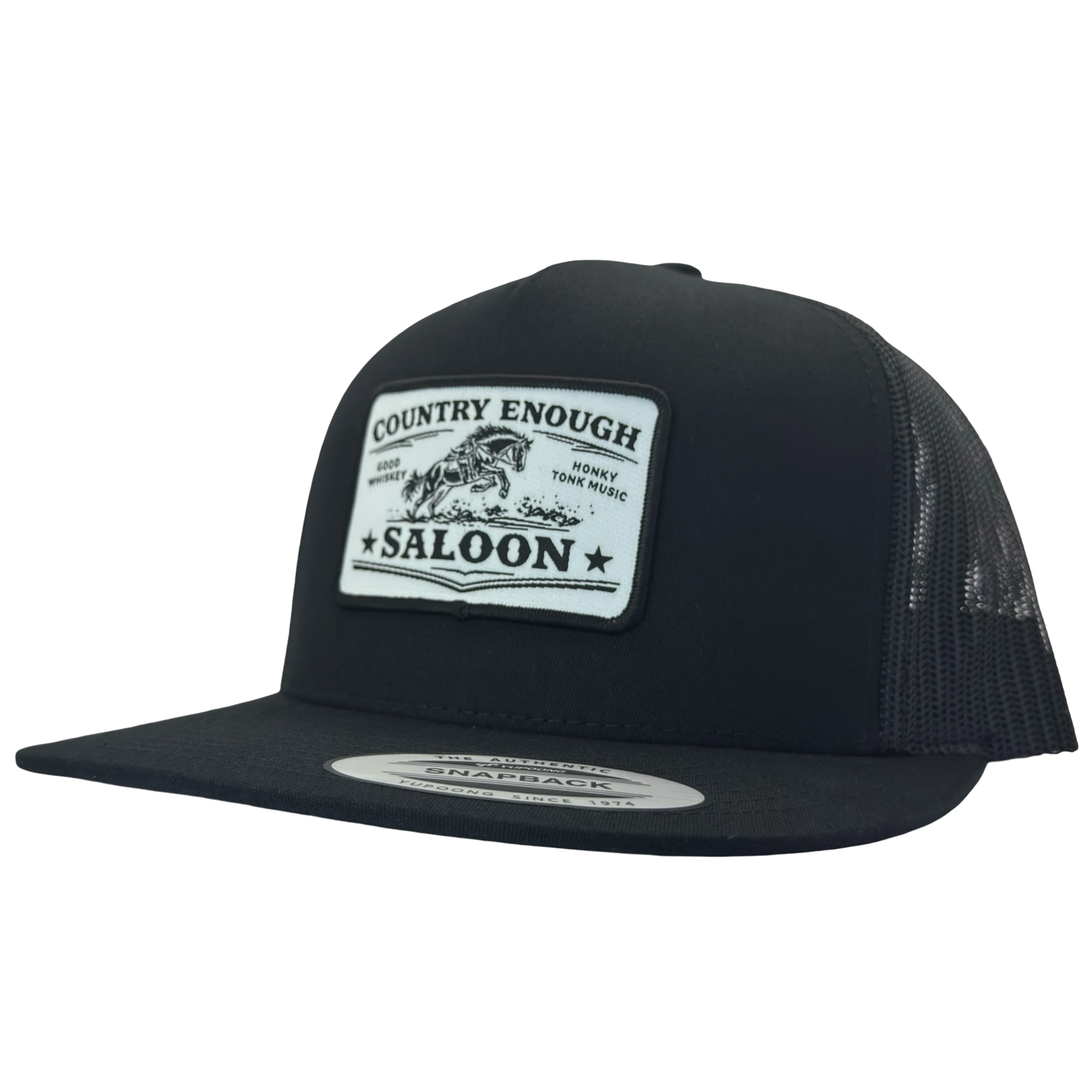 Yupoong 6006 flat bill with patch that contains graphic of a bucking horse and words country enough saloon, good whiskey, and honky tonk music #black