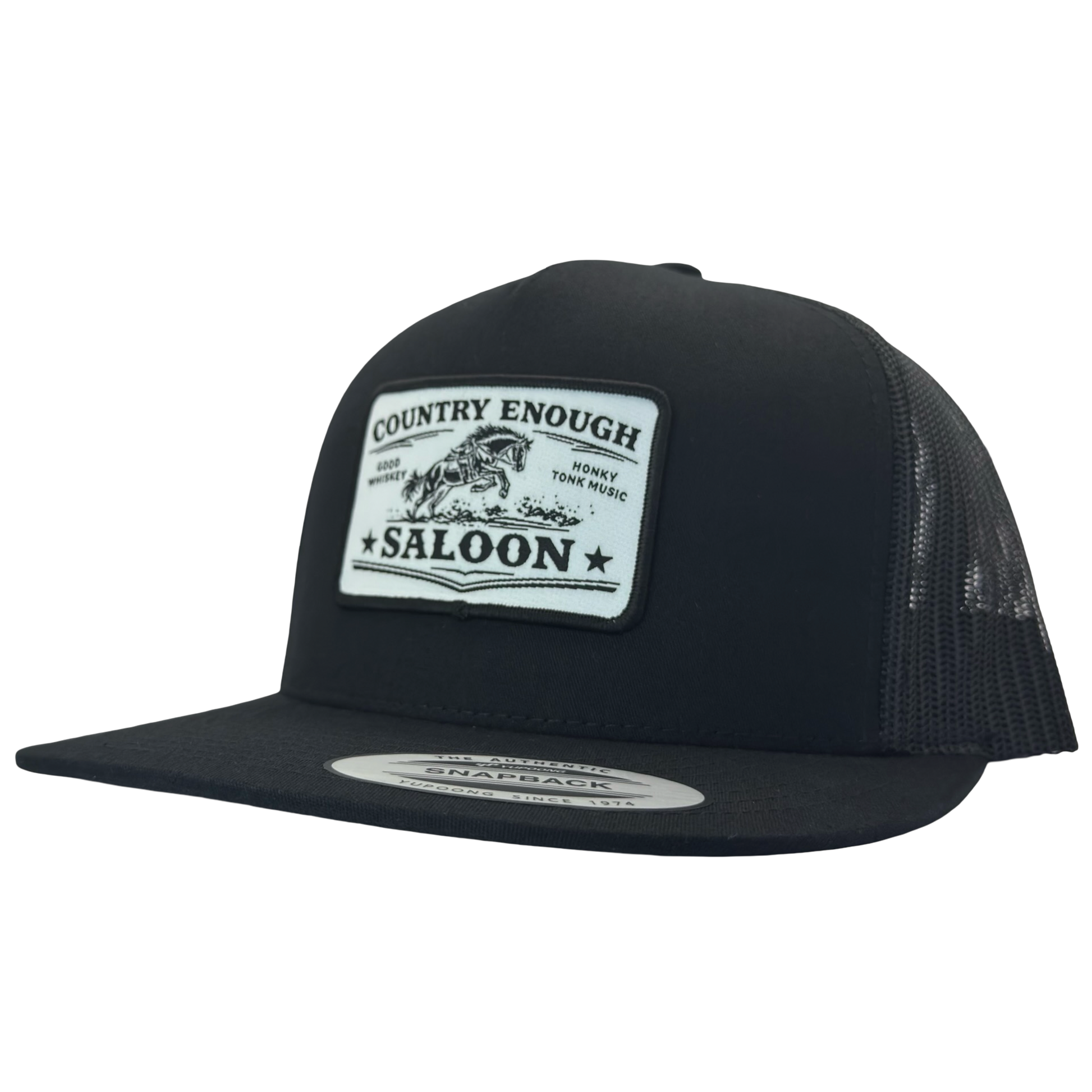Yupoong 6006 flat bill with patch that contains graphic of a bucking horse and words country enough saloon, good whiskey, and honky tonk music #black