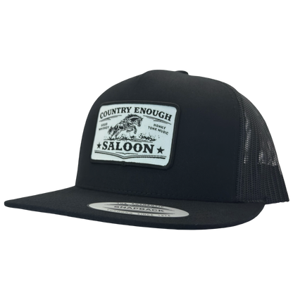 Yupoong 6006 flat bill with patch that contains graphic of a bucking horse and words country enough saloon, good whiskey, and honky tonk music #black