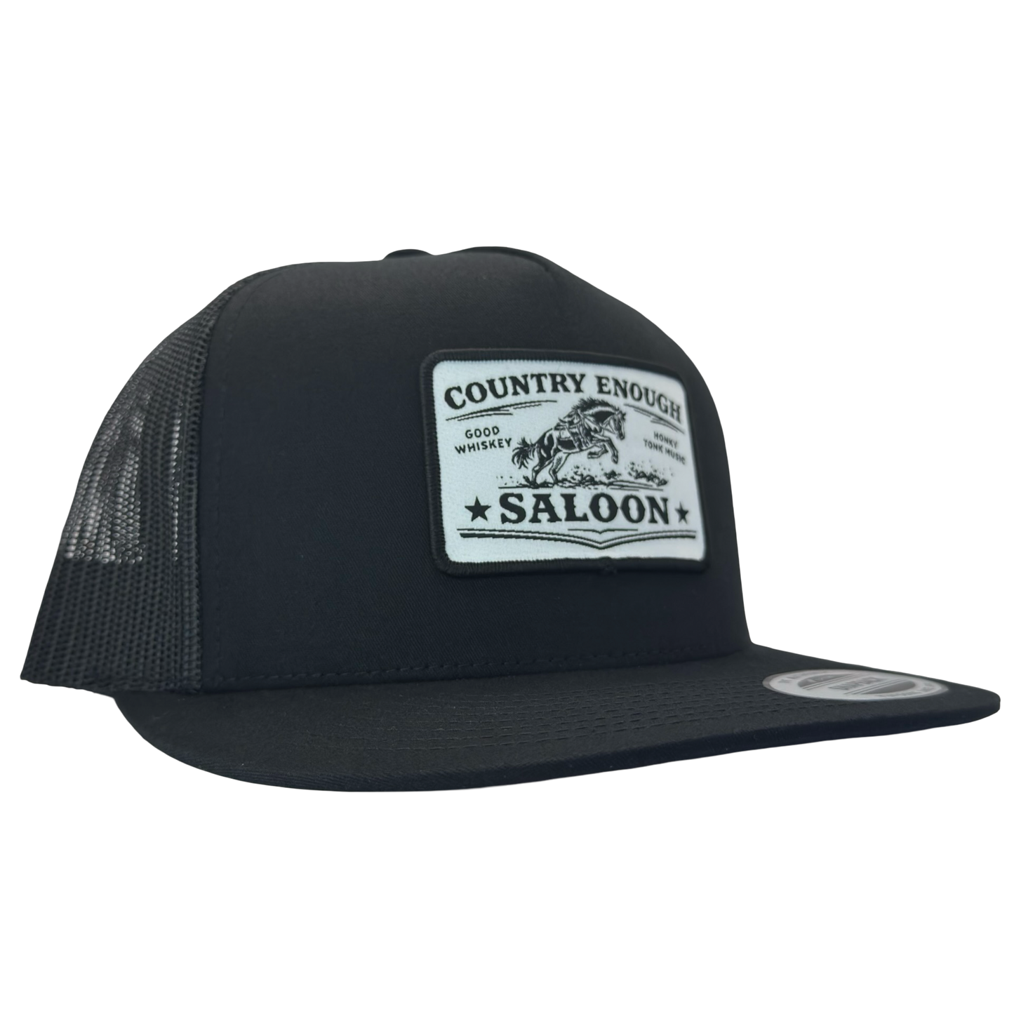 Yupoong 6006 flat bill with patch that contains graphic of a bucking horse and words country enough saloon, good whiskey, and honky tonk music #black