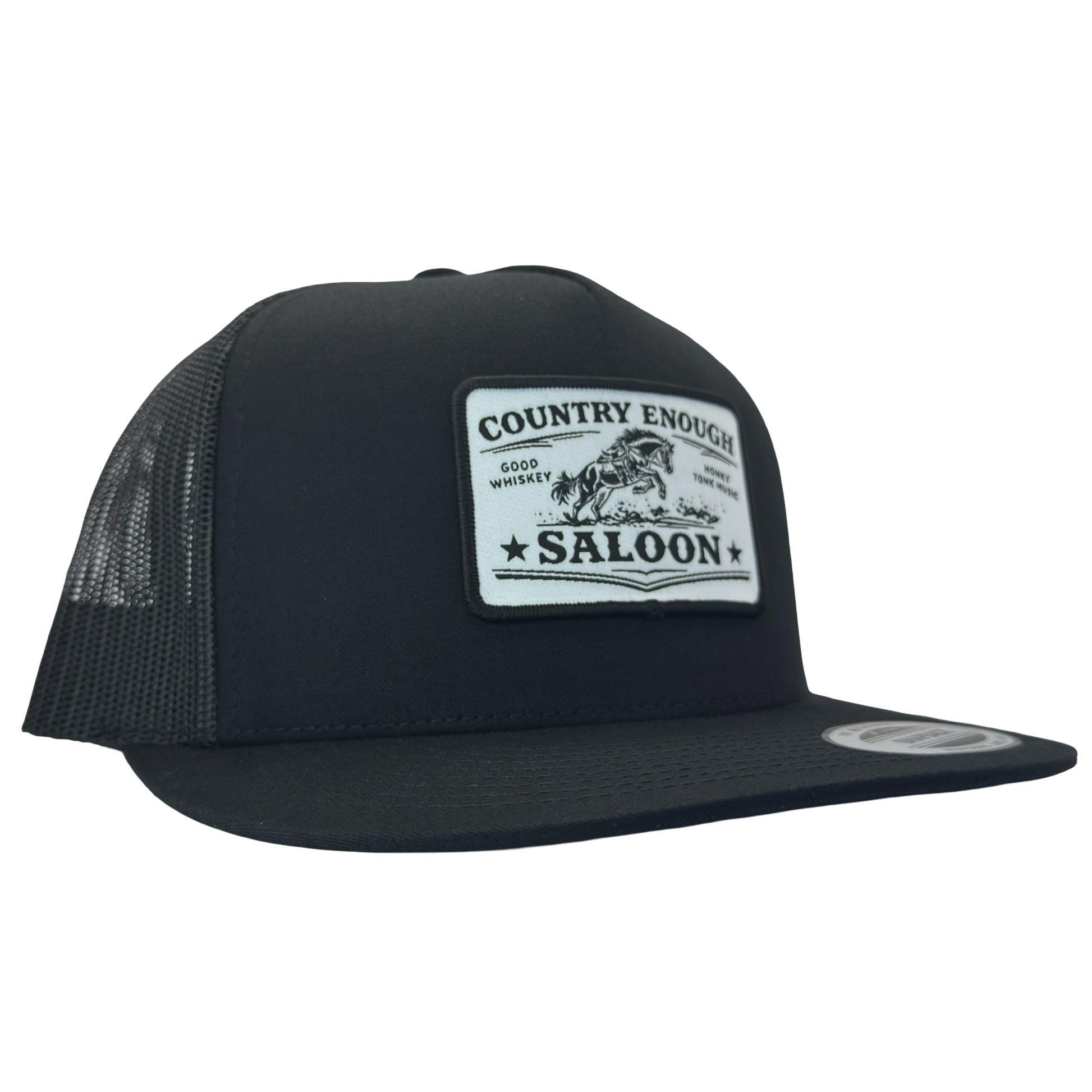 Yupoong 6006 flat bill with patch that contains graphic of a bucking horse and words country enough saloon, good whiskey, and honky tonk music #black