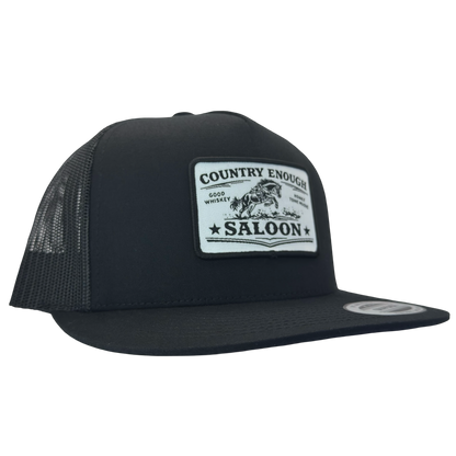 Yupoong 6006 flat bill with patch that contains graphic of a bucking horse and words country enough saloon, good whiskey, and honky tonk music #black