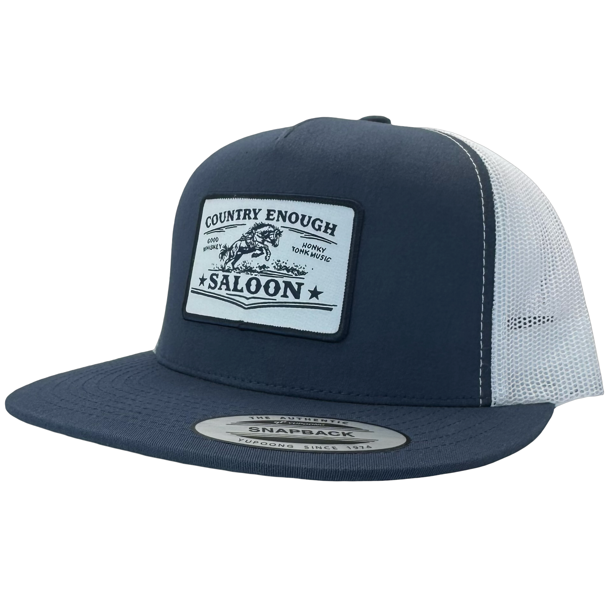 Yupoong 6006 flat bill with patch that contains graphic of a bucking horse and words country enough saloon, good whiskey, and honky tonk music #navy/white