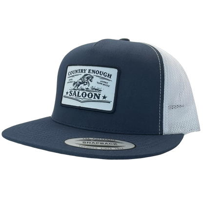 Yupoong 6006 flat bill with patch that contains graphic of a bucking horse and words country enough saloon, good whiskey, and honky tonk music #navy/white