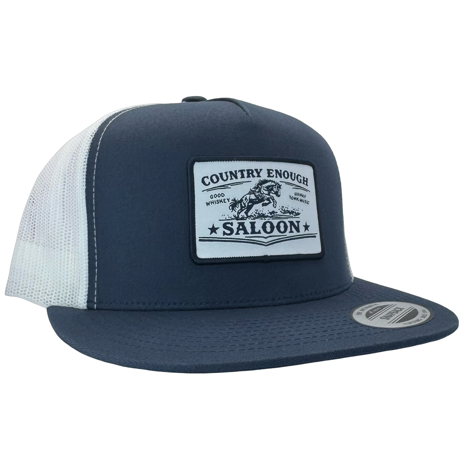 Yupoong 6006 flat bill with patch that contains graphic of a bucking horse and words country enough saloon, good whiskey, and honky tonk music #navy/white
