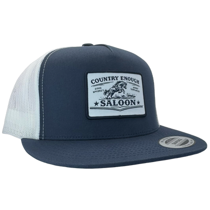 Yupoong 6006 flat bill with patch that contains graphic of a bucking horse and words country enough saloon, good whiskey, and honky tonk music #navy/white