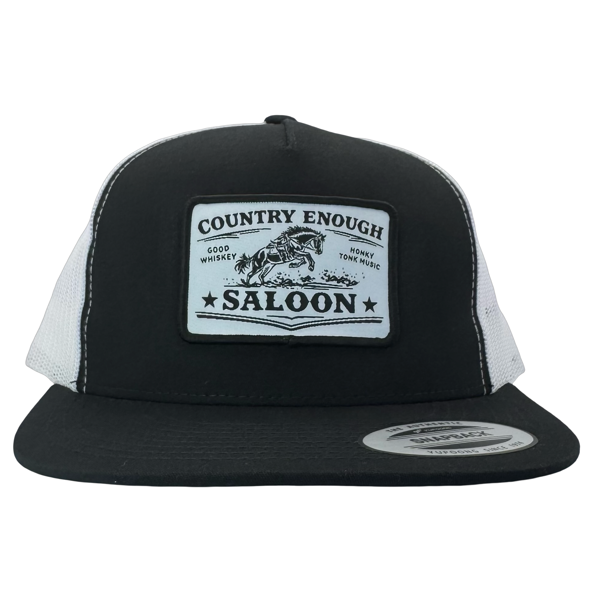 Yupoong 6006 flat bill with patch that contains graphic of a bucking horse and words country enough saloon, good whiskey, and honky tonk music #black/white