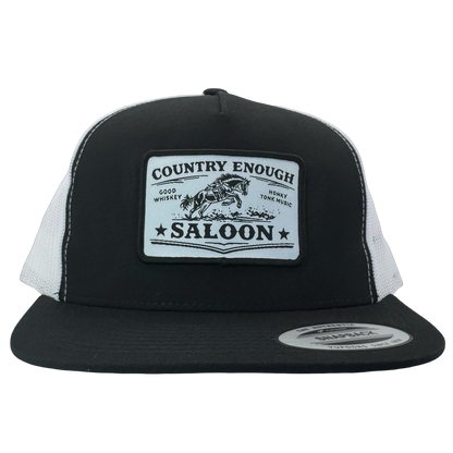 Yupoong 6006 flat bill with patch that contains graphic of a bucking horse and words country enough saloon, good whiskey, and honky tonk music #black/white