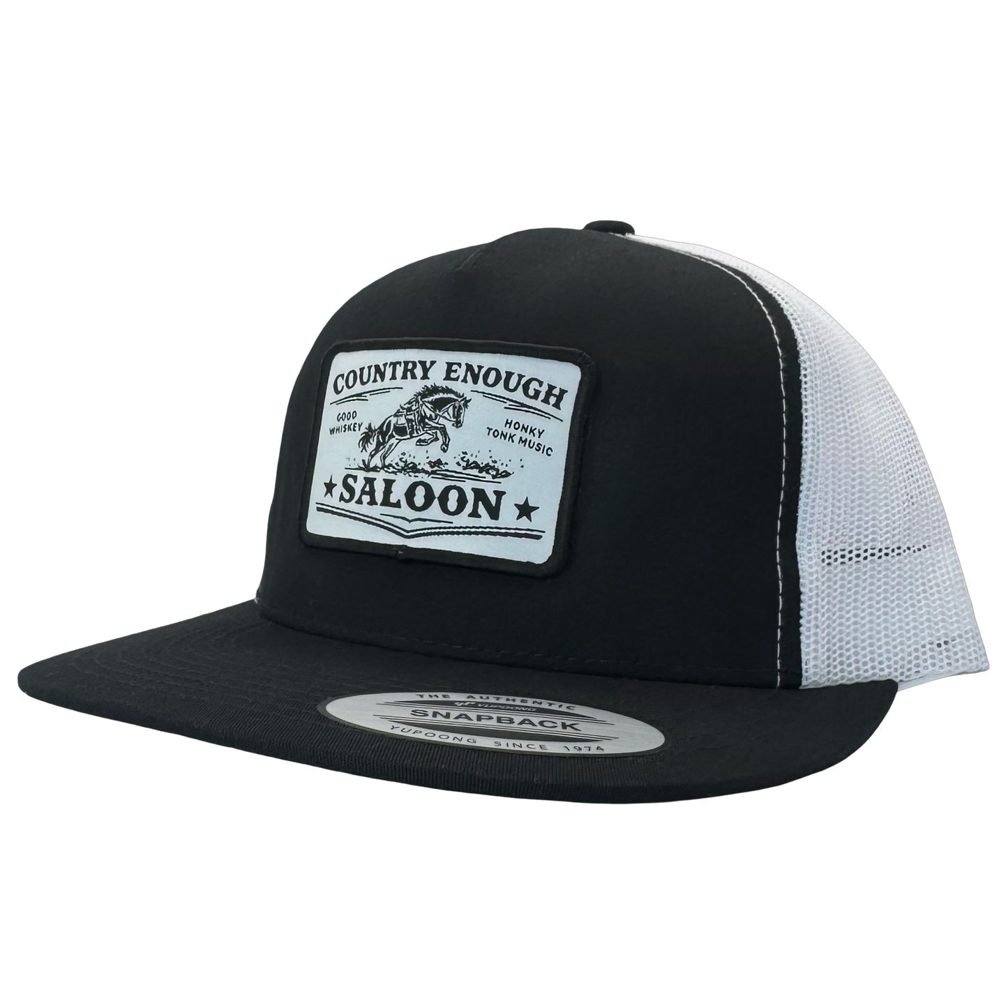 Yupoong 6006 flat bill with patch that contains graphic of a bucking horse and words country enough saloon, good whiskey, and honky tonk music #black/white