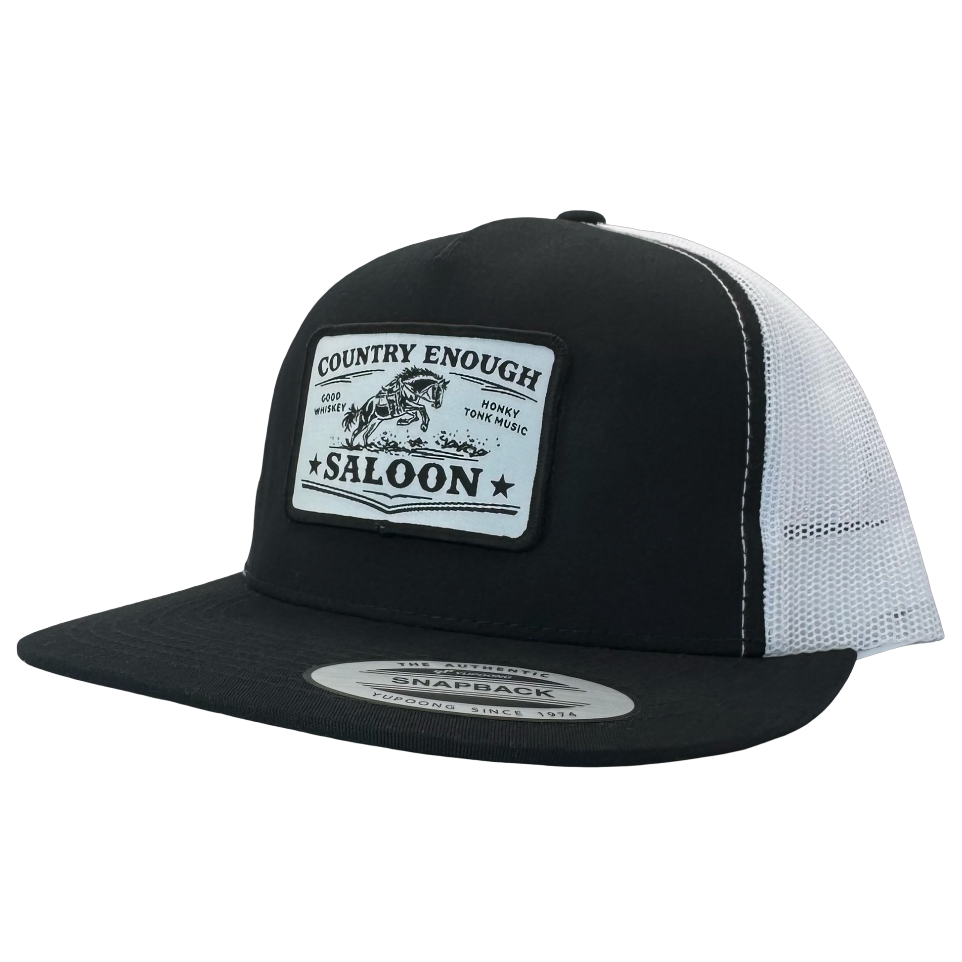 Yupoong 6006 flat bill with patch that contains graphic of a bucking horse and words country enough saloon, good whiskey, and honky tonk music #black/white