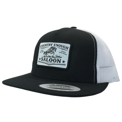 Yupoong 6006 flat bill with patch that contains graphic of a bucking horse and words country enough saloon, good whiskey, and honky tonk music #black/white