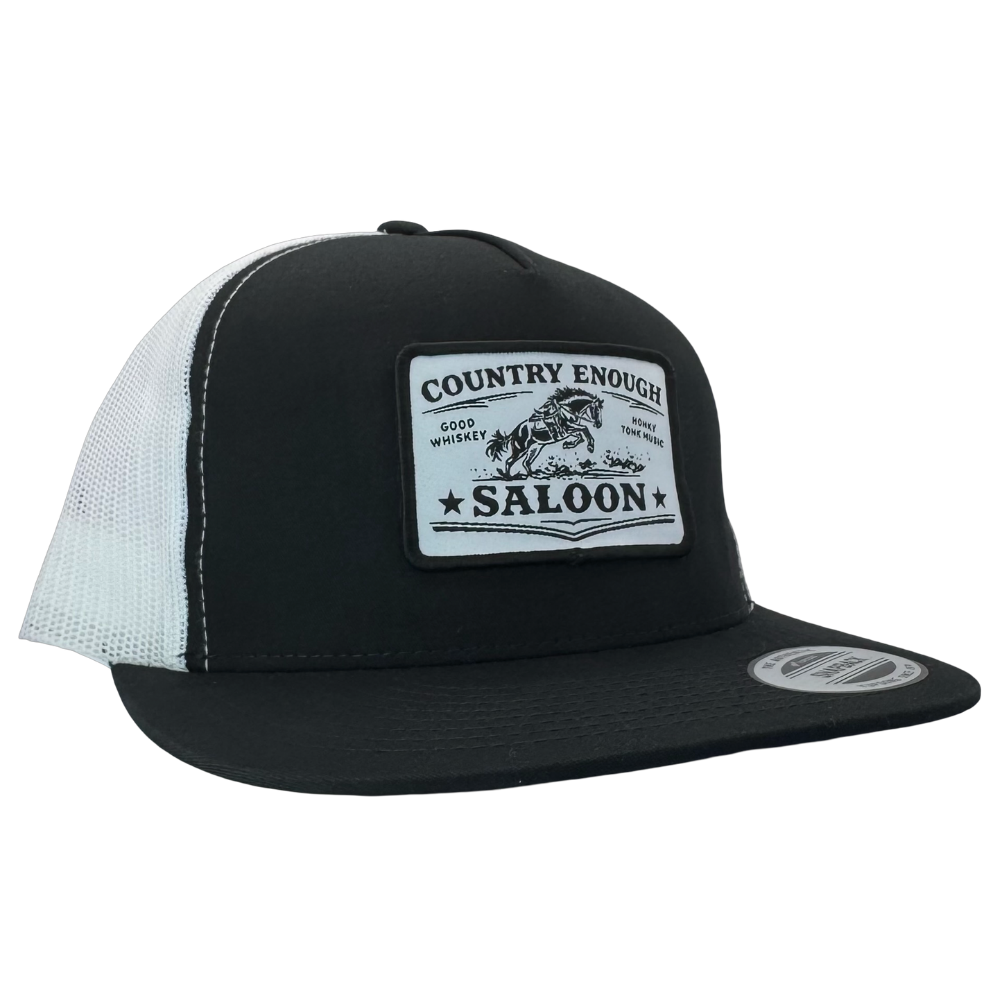 Yupoong 6006 flat bill with patch that contains graphic of a bucking horse and words country enough saloon, good whiskey, and honky tonk music #black/white
