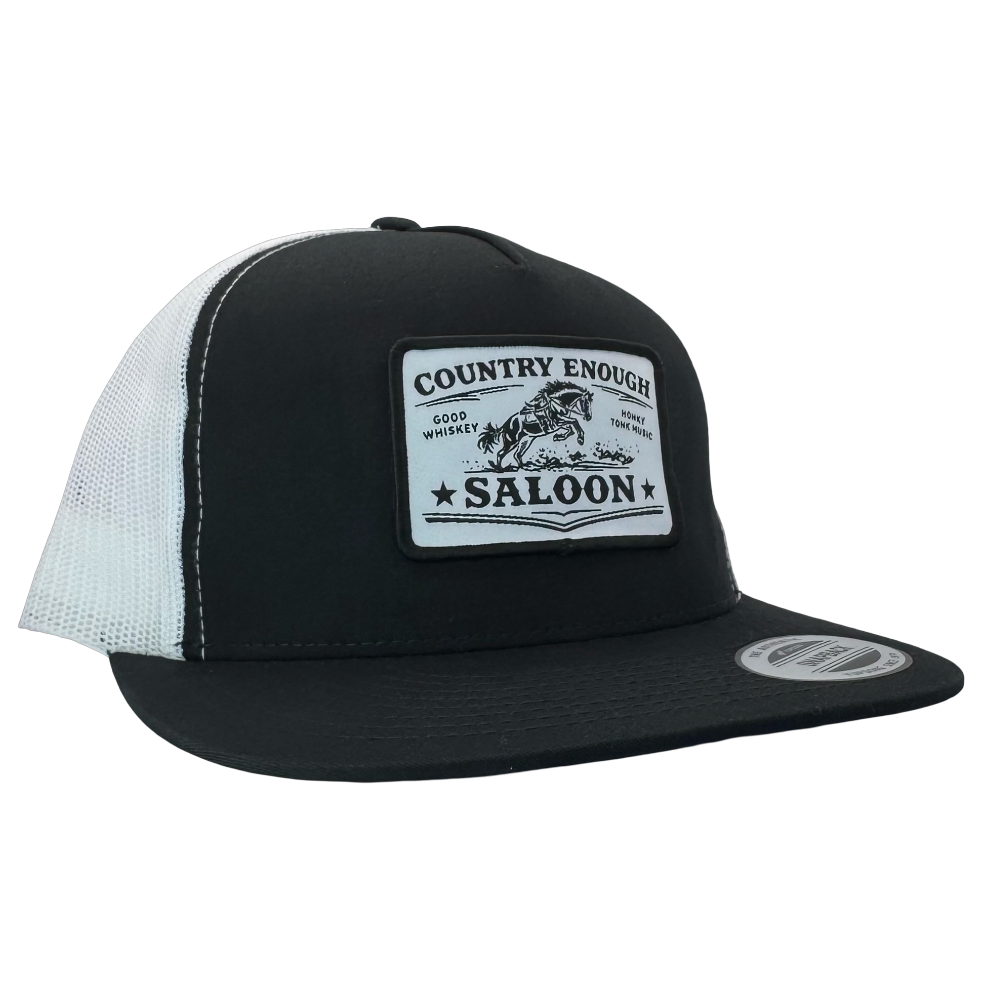 Yupoong 6006 flat bill with patch that contains graphic of a bucking horse and words country enough saloon, good whiskey, and honky tonk music #black/white