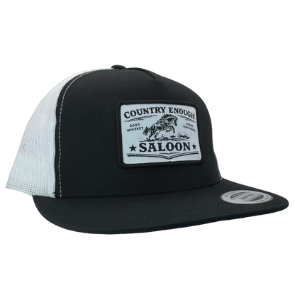 Yupoong 6006 flat bill with patch that contains graphic of a bucking horse and words country enough saloon, good whiskey, and honky tonk music #black/white
