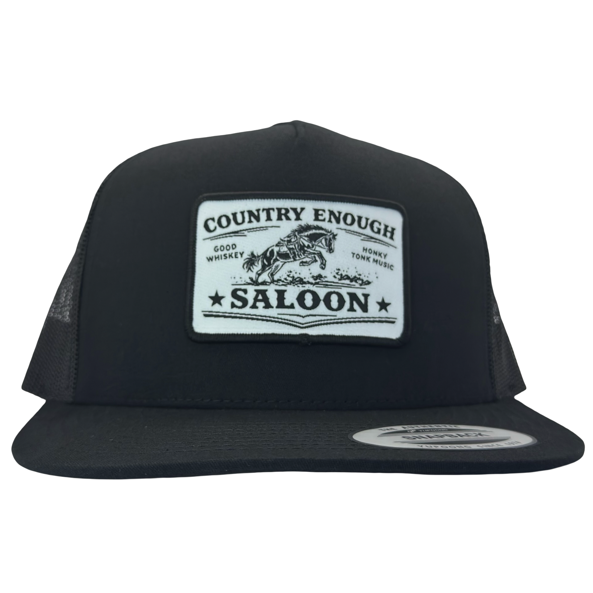 Yupoong 6006 flat bill with patch that contains graphic of a bucking horse and words country enough saloon, good whiskey, and honky tonk music #black