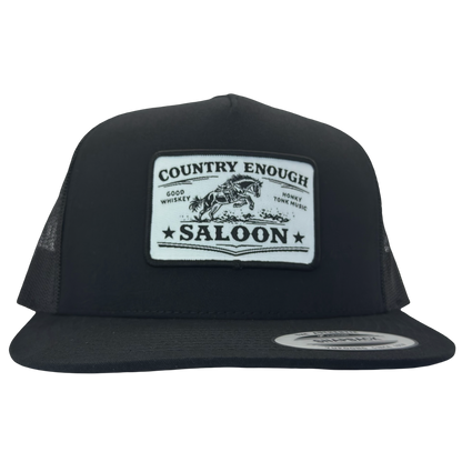 Yupoong 6006 flat bill with patch that contains graphic of a bucking horse and words country enough saloon, good whiskey, and honky tonk music #black