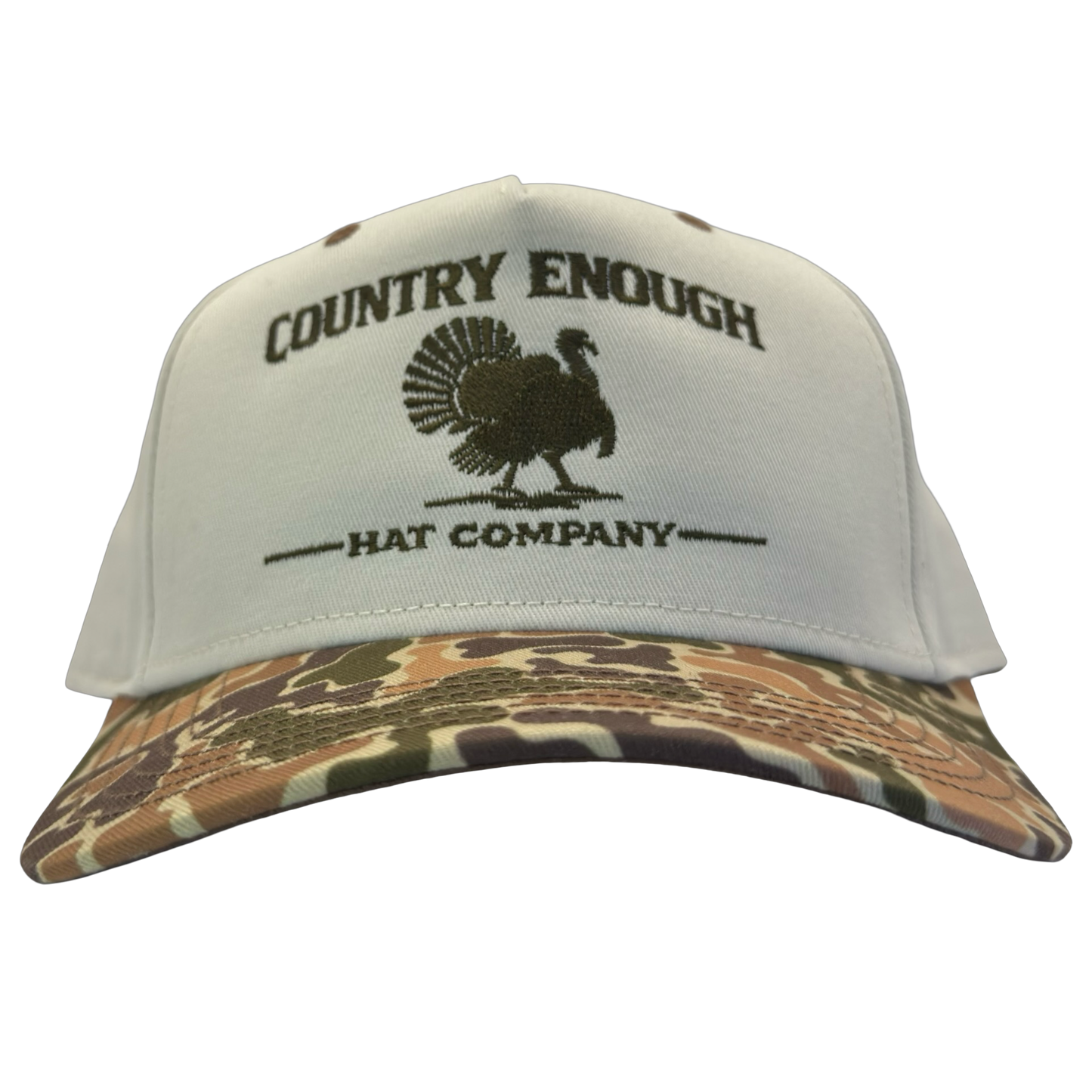 legacy heritage snapback hat with the words country enough hat company and a graphic of a turkey #duckcamo
