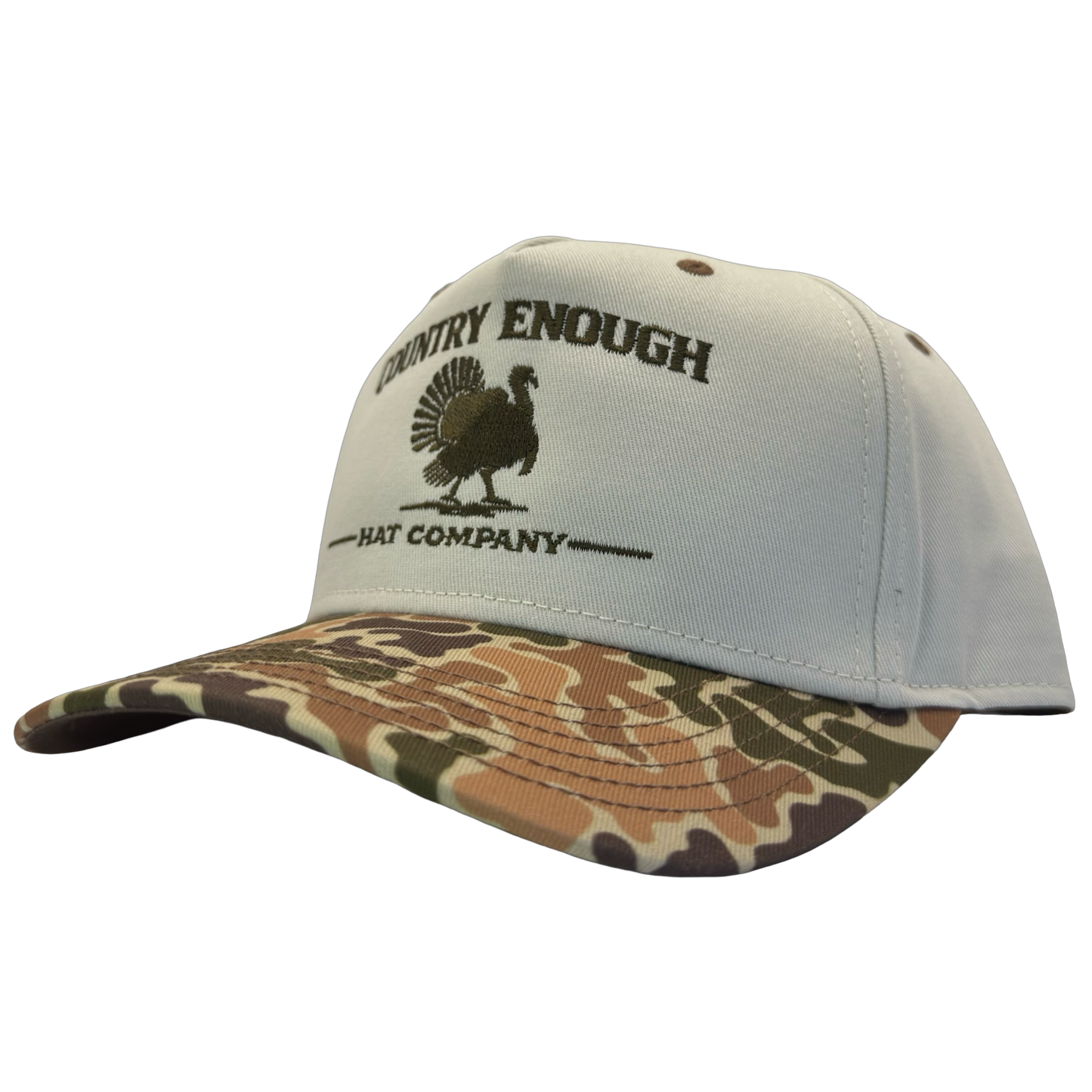 legacy heritage snapback hat with the words country enough hat company and a graphic of a turkey #duckcamo