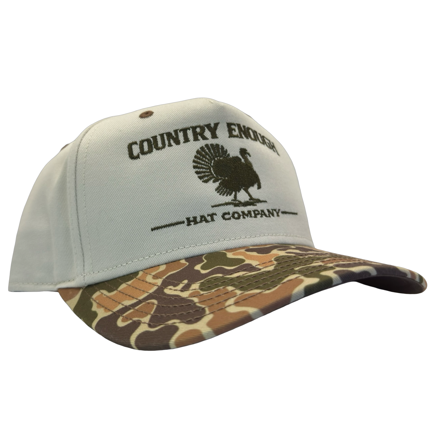 legacy heritage snapback hat with the words country enough hat company and a graphic of a turkey #duckcamo