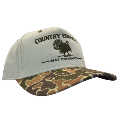 legacy heritage snapback hat with the words country enough hat company and a graphic of a turkey #duckcamo