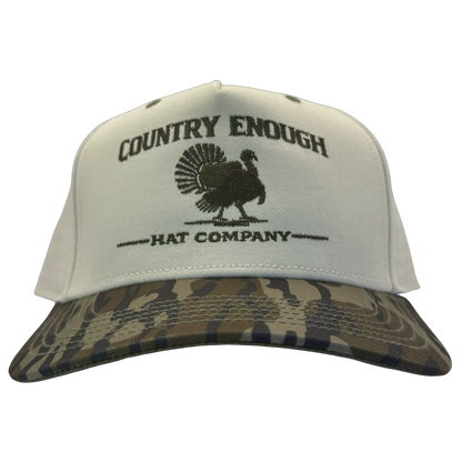 legacy heritage snapback hat with the words country enough hat company and a graphic of a turkey #bottomland