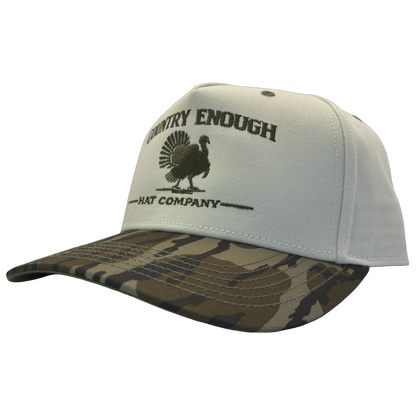 legacy heritage snapback hat with the words country enough hat company and a graphic of a turkey #bottomland