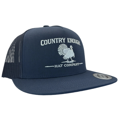 Yupoong 6006 snapback with graphic of turkey and words country enough hat company #navy