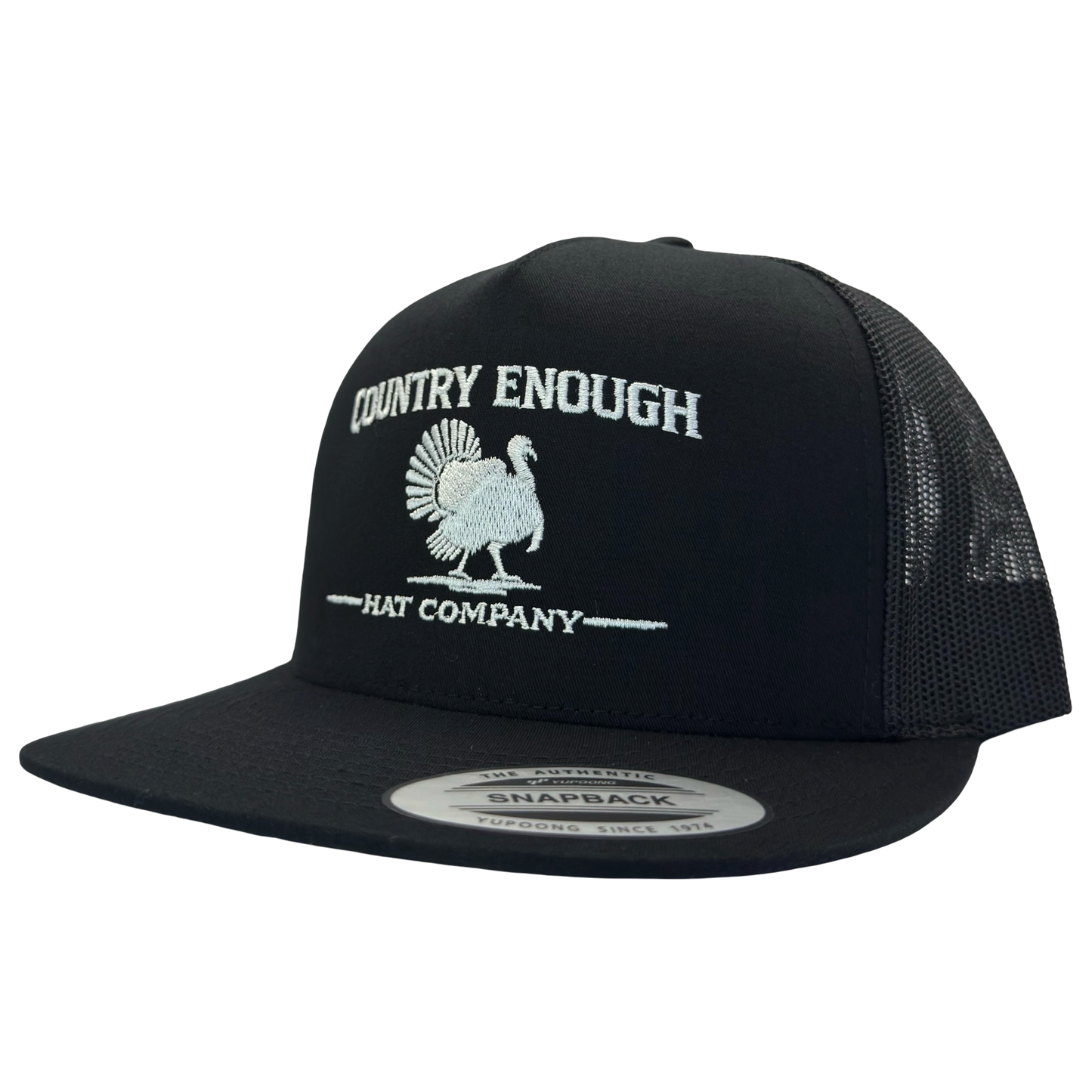 Yupoong 6006 snapback with graphic of turkey and words country enough hat company #black