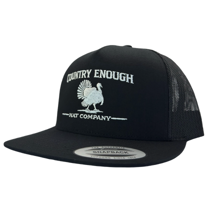 Yupoong 6006 snapback with graphic of turkey and words country enough hat company #black