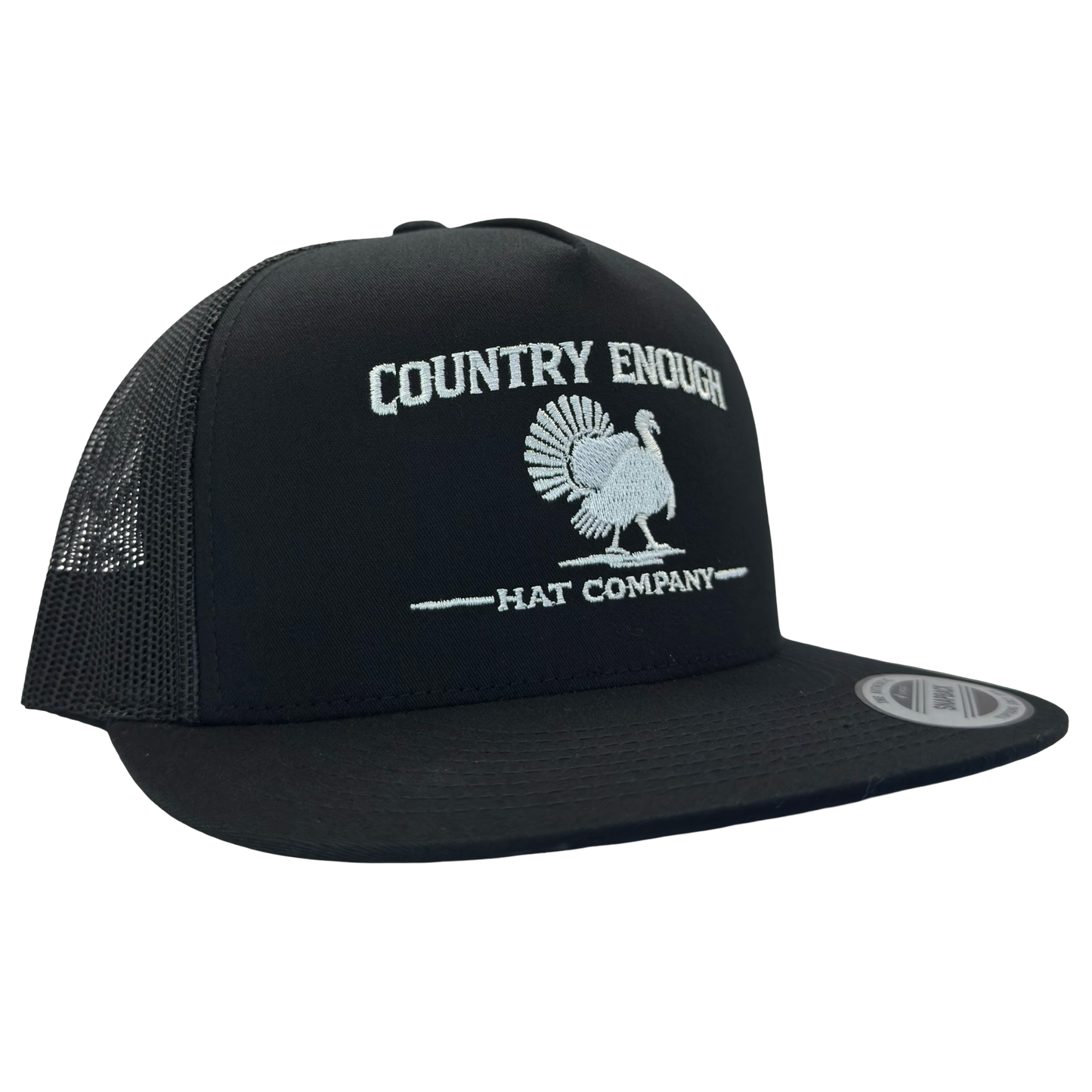 Yupoong 6006 snapback with graphic of turkey and words country enough hat company #black
