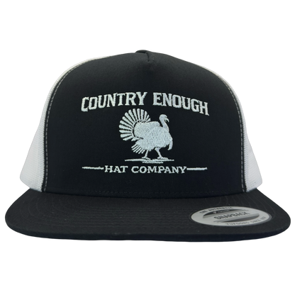Yupoong 6006 snapback with graphic of turkey and words country enough hat company #black/white