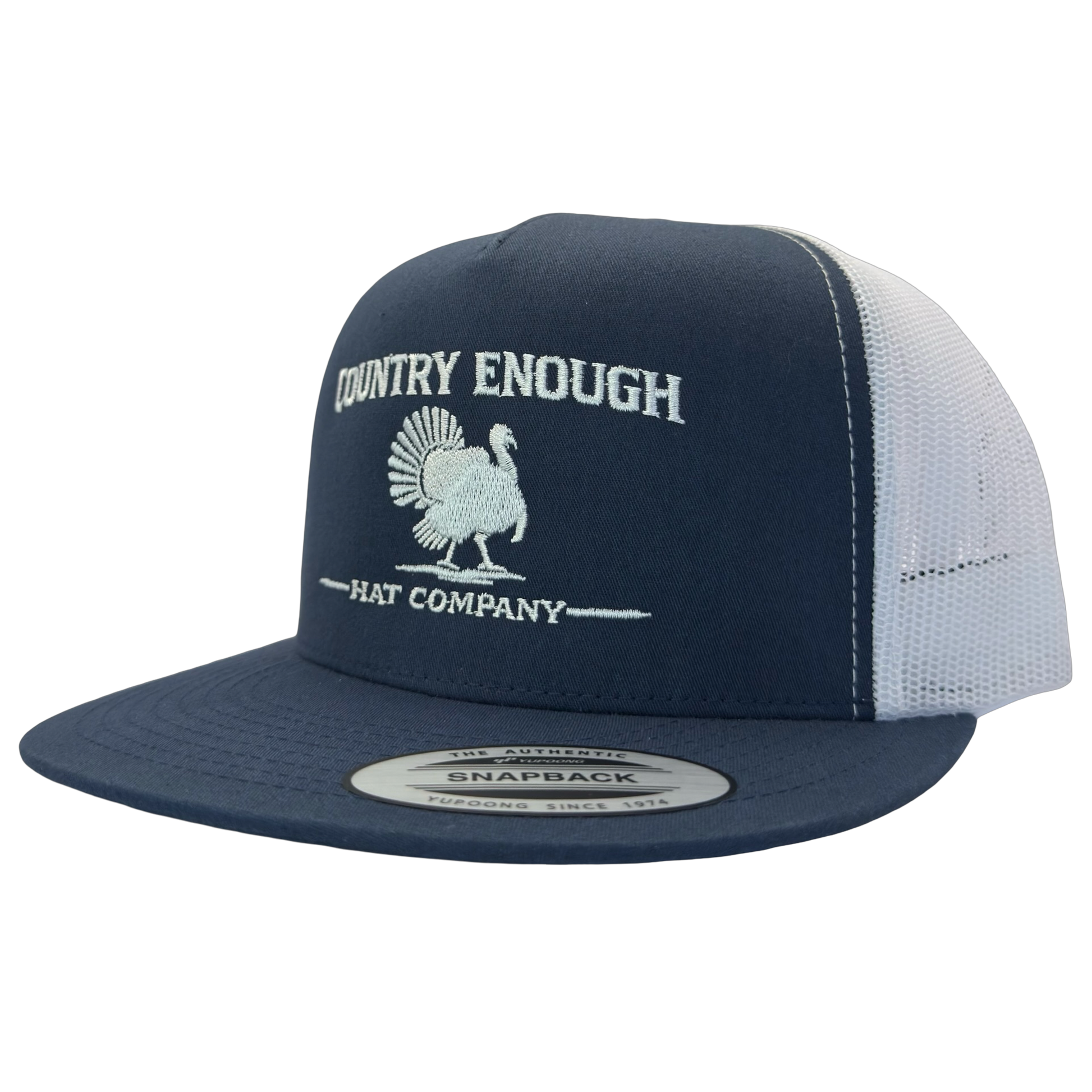 Yupoong 6006 snapback with graphic of turkey and words country enough hat company #navy/white