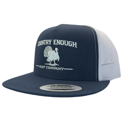 Yupoong 6006 snapback with graphic of turkey and words country enough hat company #navy/white