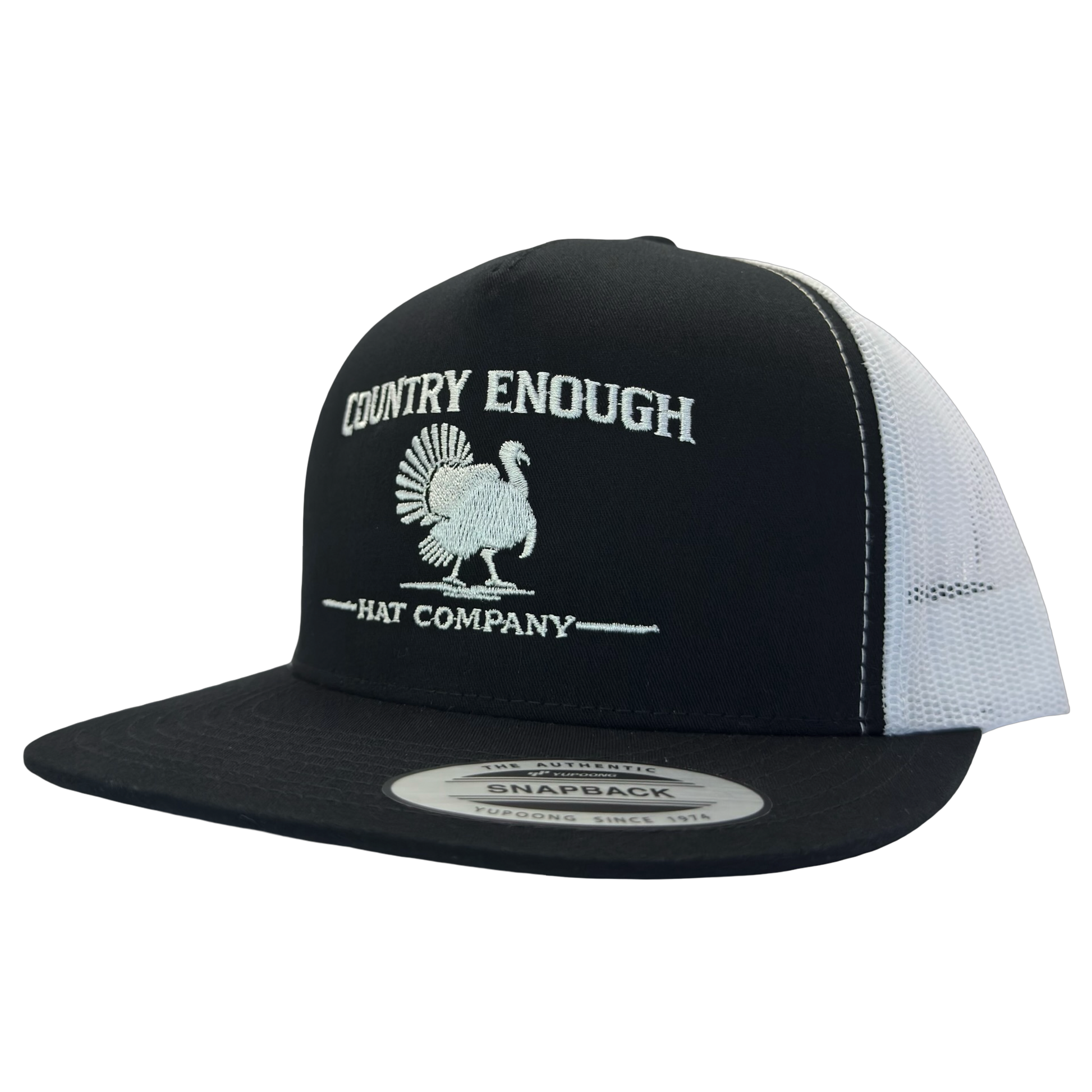 Yupoong 6006 snapback with graphic of turkey and words country enough hat company #black/white